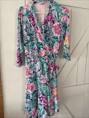 Lilly Pulitzer Pink & Teal Tropical Wrap High-Low Dress. XL